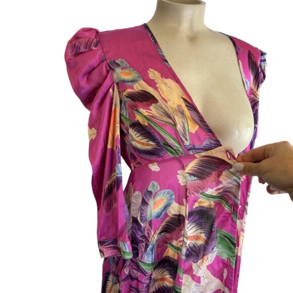 PatBo Grace Satin Floral Puff-Sleeve Midi Dress Pink Womens Size 6 Button Front - Picture 4 of 13